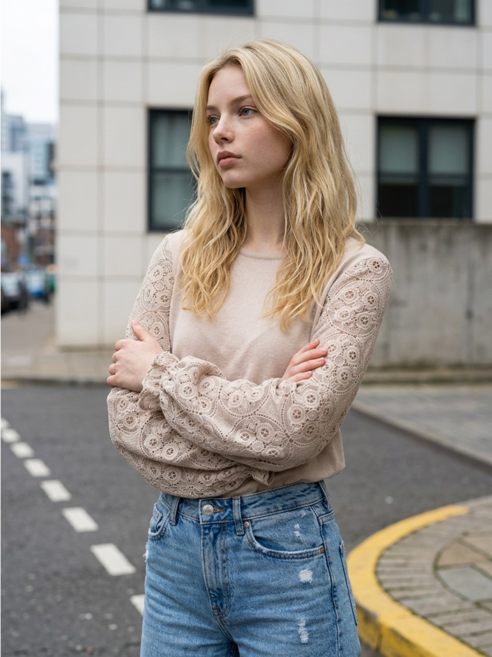 Adrianna Papell Beige Lace-Sleeve Sweatshirt